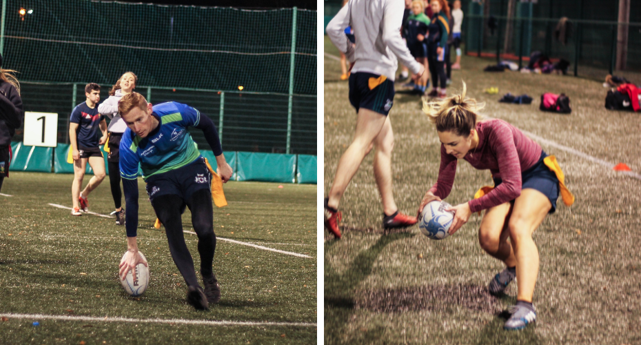 Two students playing tag rugby